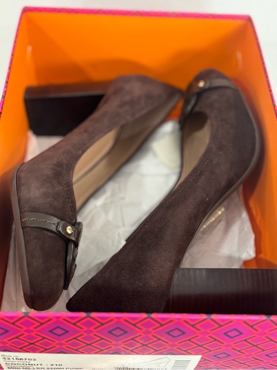 Tory Burch Shoes - Tory Burch Dark Brown Suede Logo Heel Pumps